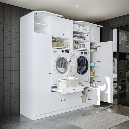 Roomart Schrankwand für Waschküche & Hauswirtschaftsraum – 224 cm breit – mit Ausziehbrett – in • Weiß •Eiche •Schwarz-Eiche
