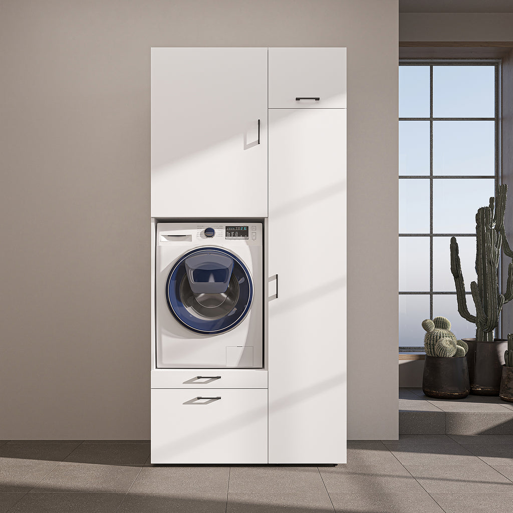 Roomart Waschmaschinenschrank mit Ausziehbrett, 112 cm breit - SERIE 2  – Waschmaschinenüberbau für Waschmaschine & Trockner, Waschturm-Schrank mit Stauraum für Bad & Waschküche