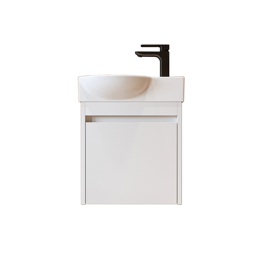 Roomart Waschtischunterschrank LEO mit Keramik-Waschbecken – Gäste-WC Badmöbel – Wasserhahn rechts
