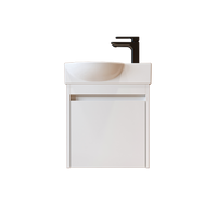 Roomart Waschtischunterschrank LEO mit Keramik-Waschbecken – Gäste-WC Badmöbel – Wasserhahn rechts