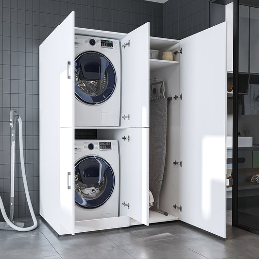 Roomart Waschmaschinenschrank „DORA 130 cm Breit“ für Waschmaschine & Trockner mit Regalböden, in 5 Farben • Weiß • Weiß Eiche • Anthrazit Eiche • Eiche • Schwarz Eiche (Kopie)