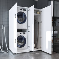 Roomart Waschmaschinenschrank „DORA 130 cm Breit“ für Waschmaschine & Trockner mit Regalböden, in 5 Farben • Weiß • Weiß Eiche • Anthrazit Eiche • Eiche • Schwarz Eiche (Kopie)