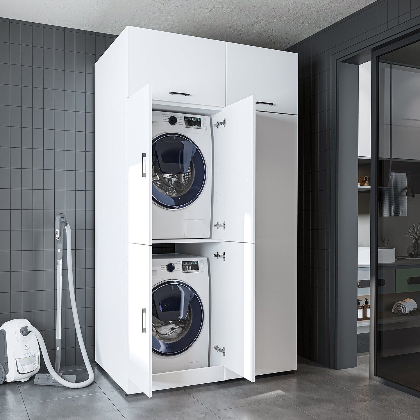 Roomart Waschmaschinenschrank „DORA 130 cm Breit“ für Waschmaschine & Trockner mit Regalböden, in 5 Farben • Weiß • Weiß Eiche • Anthrazit Eiche • Eiche • Schwarz Eiche (Kopie)