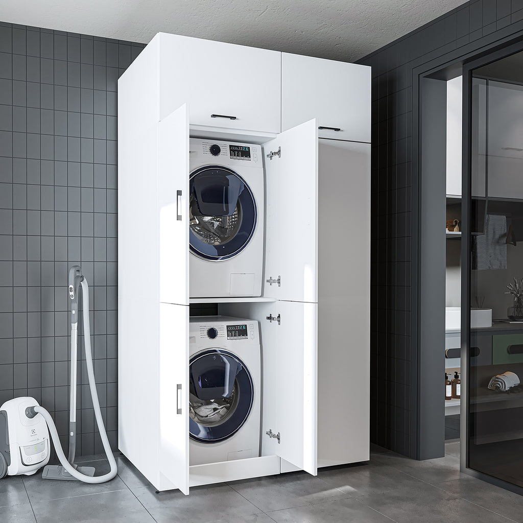 Roomart Waschmaschinenschrank „DORA 130 cm Breit“ für Waschmaschine & Trockner mit Regalböden, in 5 Farben • Weiß • Weiß Eiche • Anthrazit Eiche • Eiche • Schwarz Eiche (Kopie)