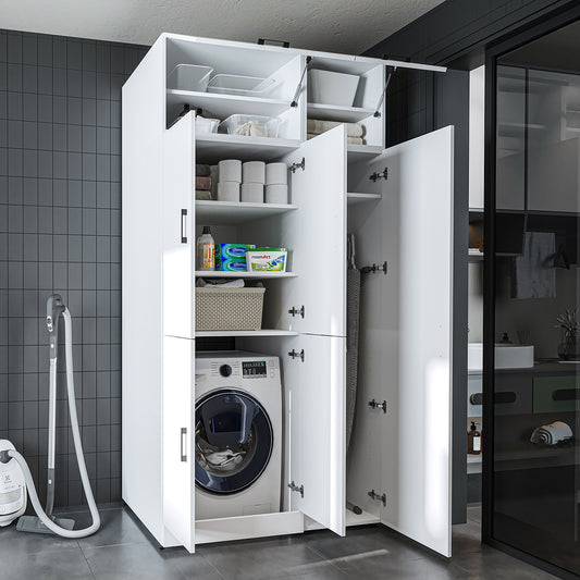 Roomart Waschmaschinenschrank - SERIE DORA-II- 115 cm breit – Waschturm für Waschmaschine & Trockner mit Regalböden – Überbauschrank für Waschküche & Hauswirtschaftsraum – in 5 Farben (Weiß, Weiß-Eiche, Anthrazit-Eiche, Eiche, Schwarz-Eiche)