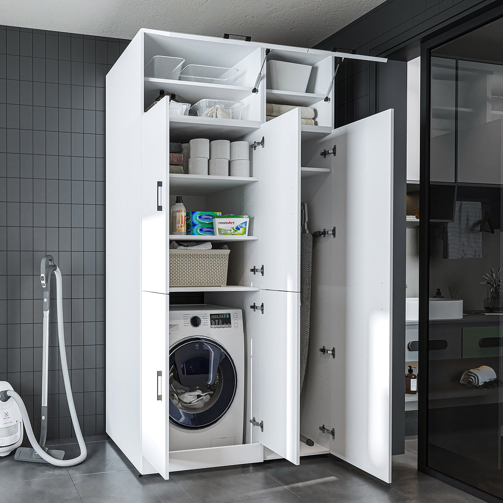 Roomart Waschmaschinenschrank „DORA 115 cm Breit“ für Waschmaschine & Trockner mit Regalböden, in 5 Farben • Weiß • Weiß Eiche • Anthrazit Eiche • Eiche • Schwarz Eiche