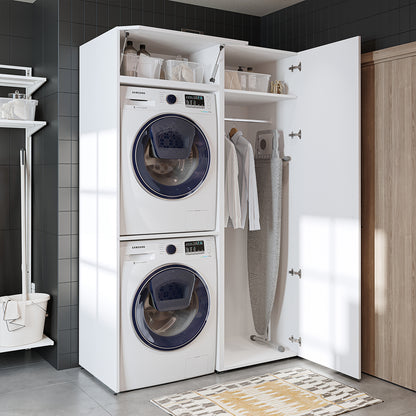 Roomart DUO Waschmaschinenschrank Trockner auf Waschmaschine • 127 cm breit • Weiß, Eiche Waschmaschinenschrank