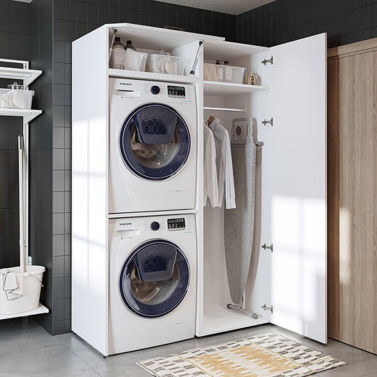 Roomart DUO Waschmaschinenschrank Trockner auf Waschmaschine • 127 cm breit • Weiß, Eiche Waschmaschinenschrank