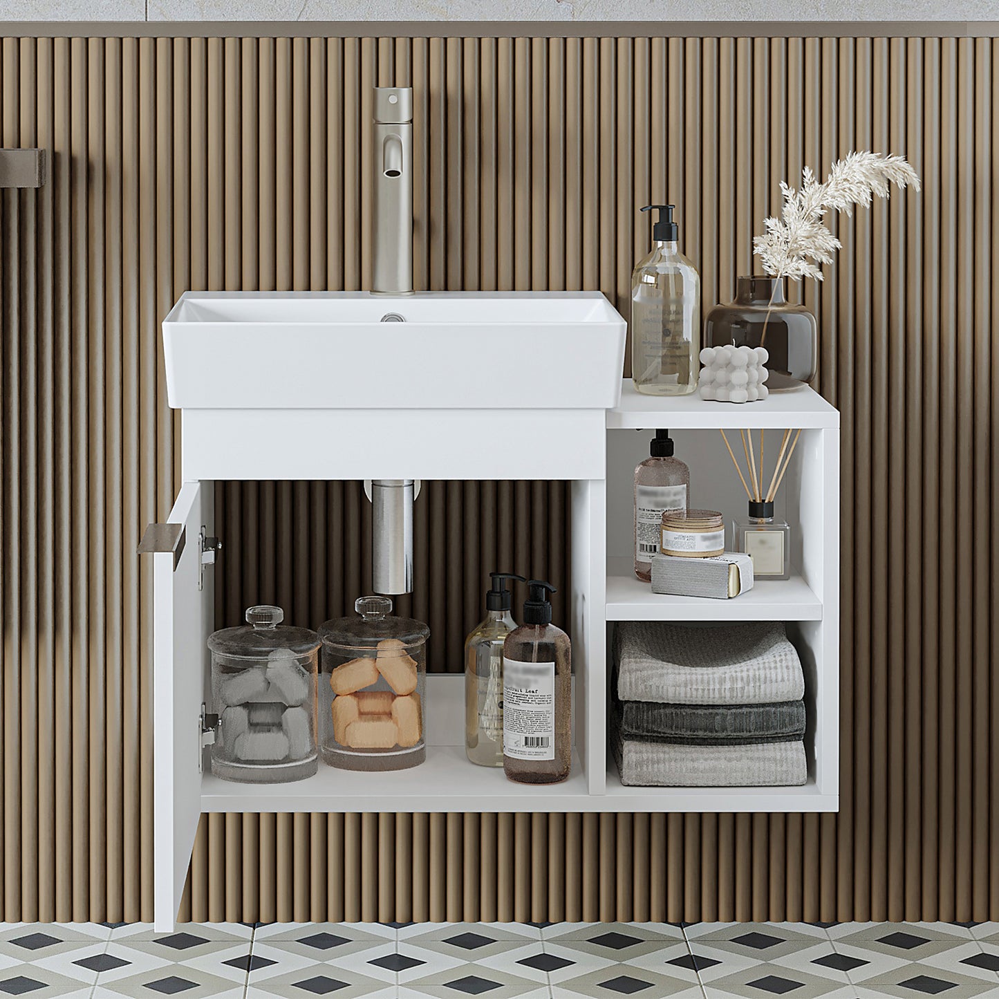 Roomart Badmöbel LYCIA 72 cm – Waschbeckenunterschrank mit Keramik-Waschbecken – Waschtischunterschrank für Badezimmer – Modernes Badmöbel mit Stauraum – 4 Farben