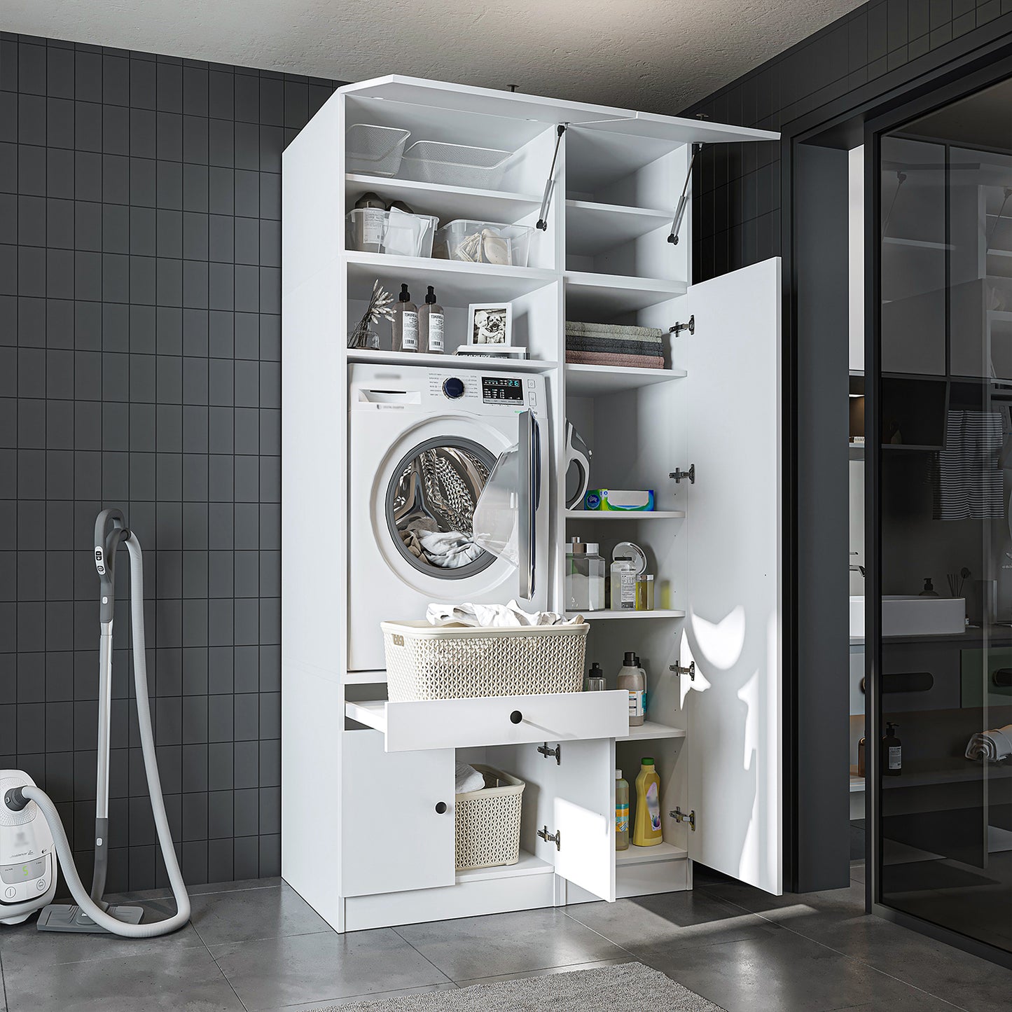 Roomart SERIE 3 Waschmaschinenschrank 112 cm – 230 cm hoch, Ausziehbrett & Hochschrank | in 3 Farben