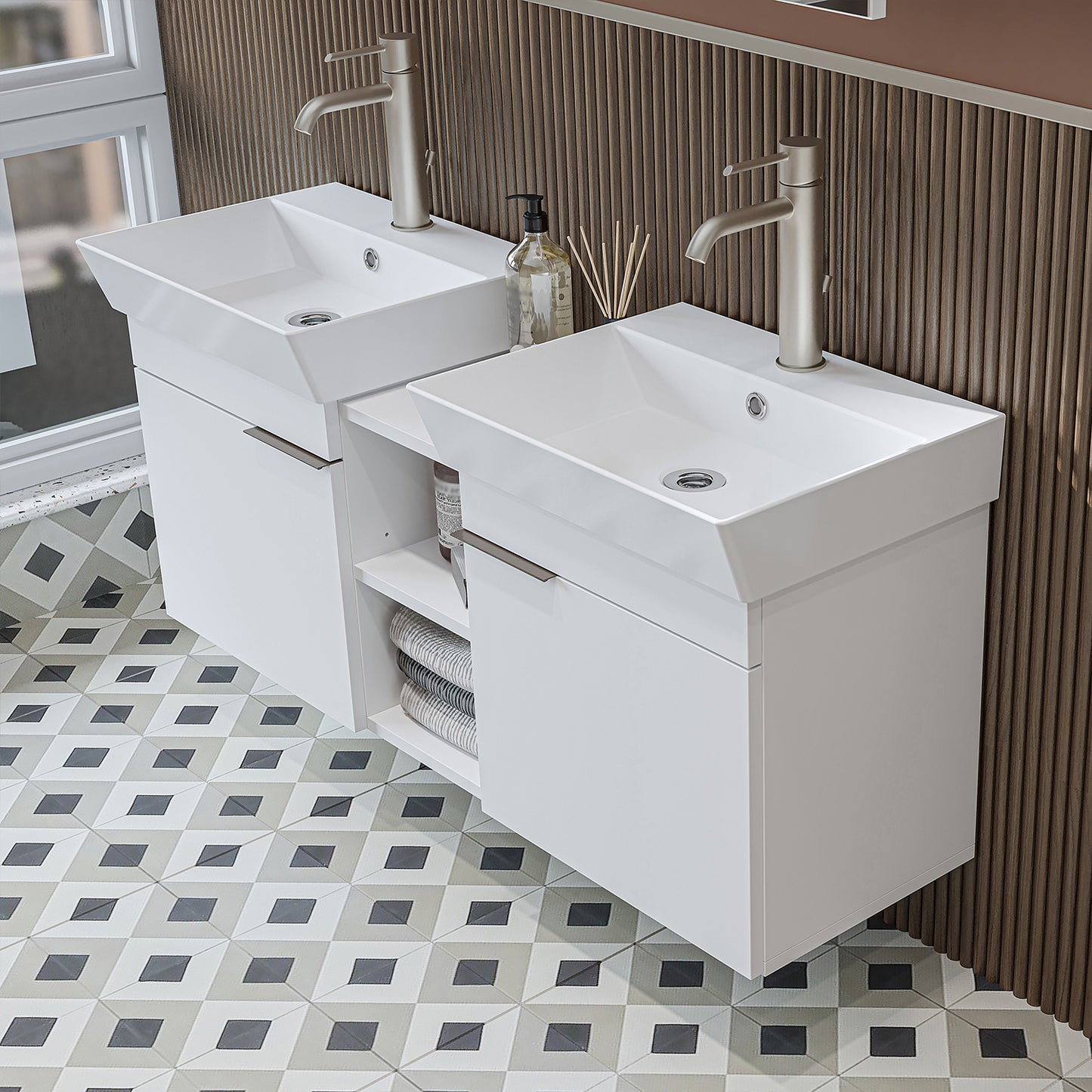 Roomart Badmöbel Set LYCIA 120 cm – 4-teiliges Badezimmermöbel-Set mit Keramik-Waschbecken, Spiegelschrank & Seitenschrank – Badmöbel in 4 Farben