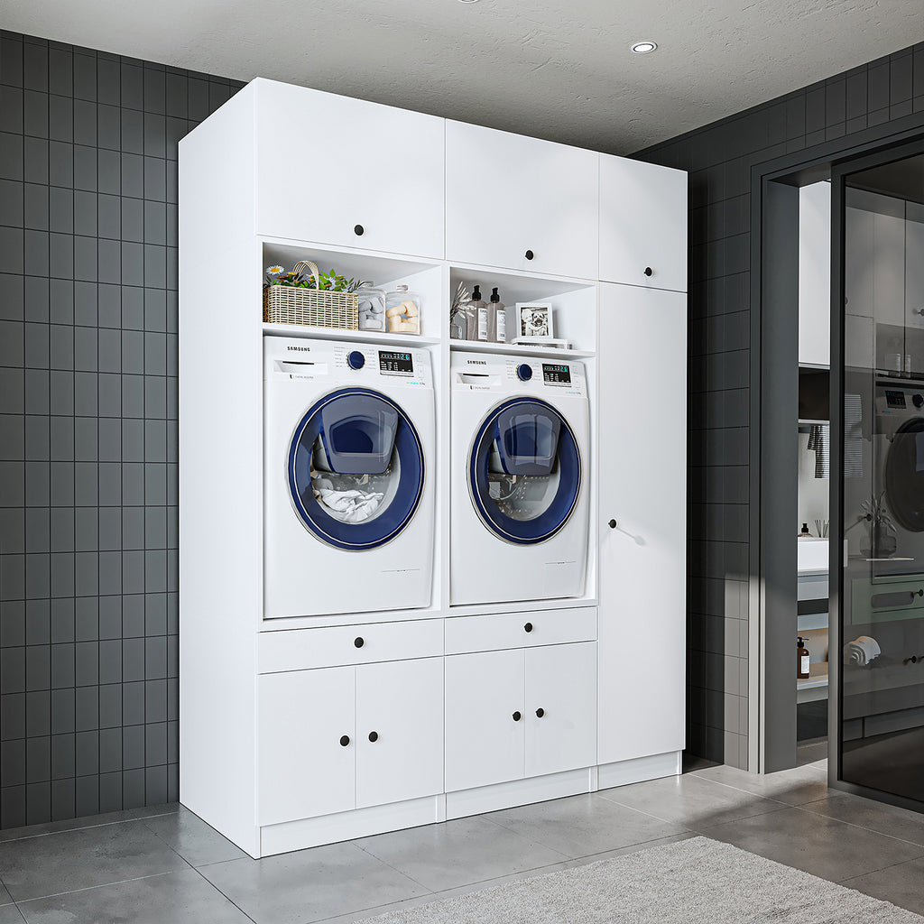 Mueble de pared Roomart para lavadero y cuarto de servicio, en 3 colores, 179 cm de ancho, Con estante extraíble - Blanco - Roble negro mueble para lavadora, estante para lavadora, torre de lavado, mueble, blanco, lavadoras, mueble bajo, lavadora, secadora, haush
