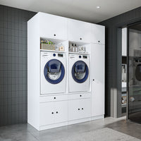 Mueble de pared Roomart para lavadero y cuarto de servicio, en 3 colores, 179 cm de ancho, Con estante extraíble - Blanco - Roble negro mueble para lavadora, estante para lavadora, torre de lavado, mueble, blanco, lavadoras, mueble bajo, lavadora, secadora, haush