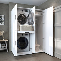 Roomart washing machine cabinet " DORA SET" for dryer & washing machine, 130 cm wide, in 4 colors, with doors & pull-out shelf - white - white oak - anthracite oak - oak - washing machine cabinet, washing machine shelf, washing tower, cabinet, white, washing machine