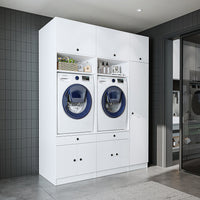 Roomart Waschmaschinenschrank SERIE 3 – 179 cm breit, 2× Waschmaschine nebeneinander mit Klappschrank, Ausziehbrett & Hochschrank – Waschküche & Hauswirtschaftsraum – Eiche / Schwarz-Eiche / Weiß