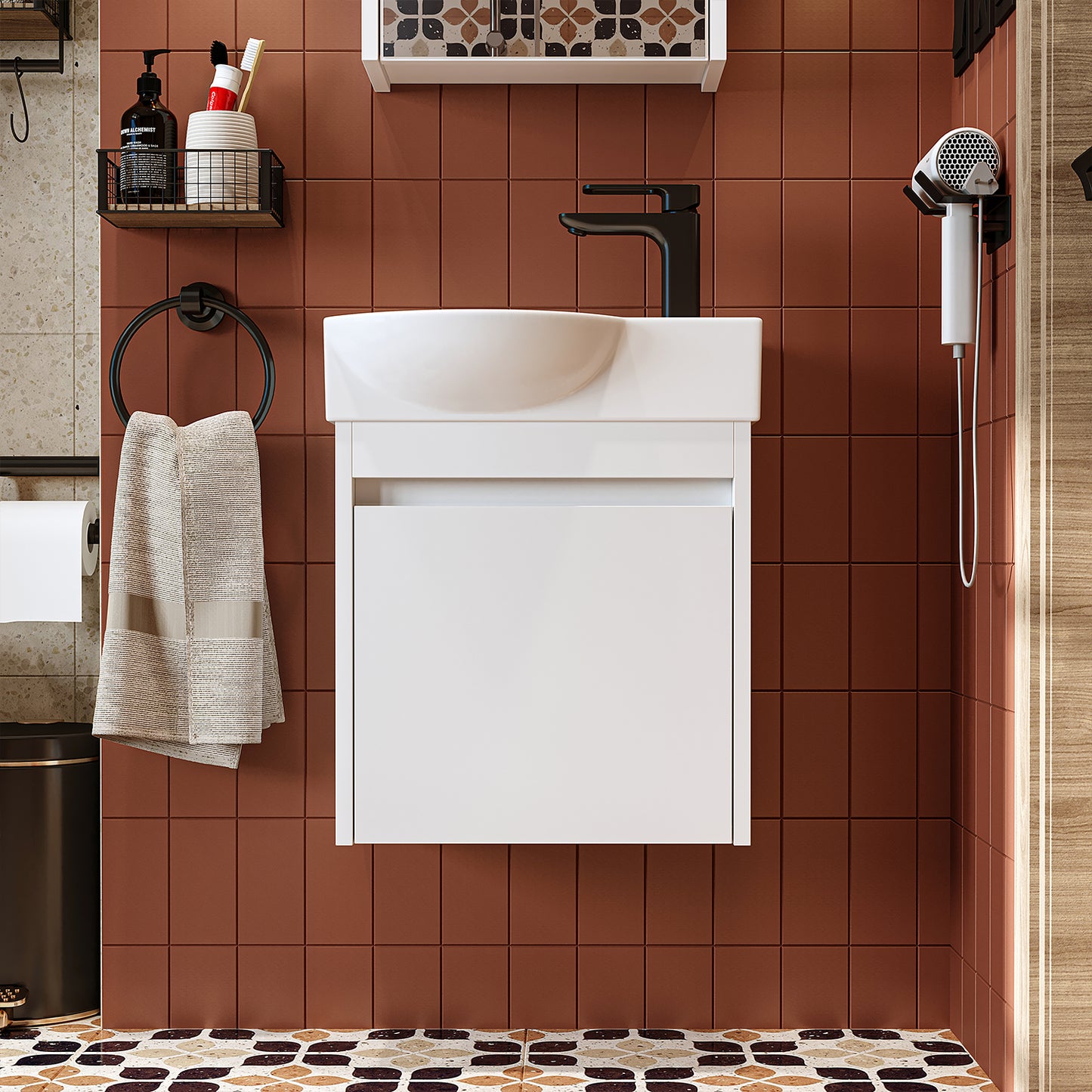 Roomart Waschtischunterschrank LEO mit Keramik-Waschbecken – Gäste-WC Badmöbel – Wasserhahn rechts
