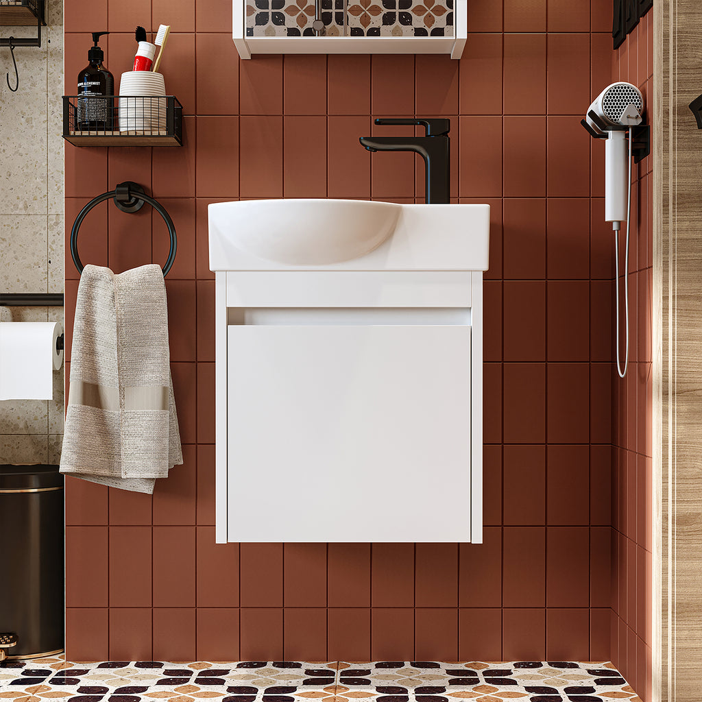 Roomart Waschtischunterschrank LEO mit Keramik-Waschbecken – Gäste-WC Badmöbel – Wasserhahn rechts