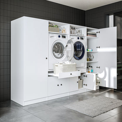 Roomart Waschmaschinenschrank SERIE 3 – 194 cm breit, 2× Waschmaschine nebeneinander mit Ausziehbrett & Hochschrank – Waschküche & Hauswirtschaftsraum – Eiche / Schwarz-Eiche / Weiß