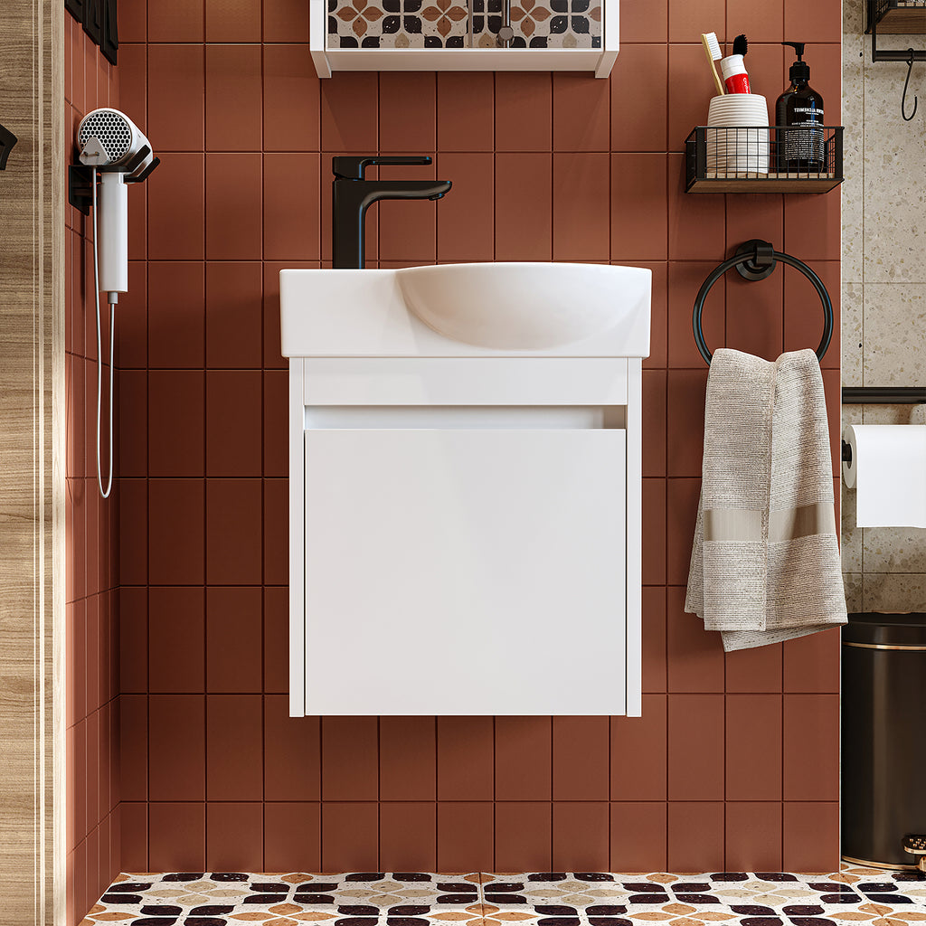 Roomart Waschtischunterschrank LEO mit Keramik-Waschbecken – Gäste-WC Badmöbel – Wasserhahn links