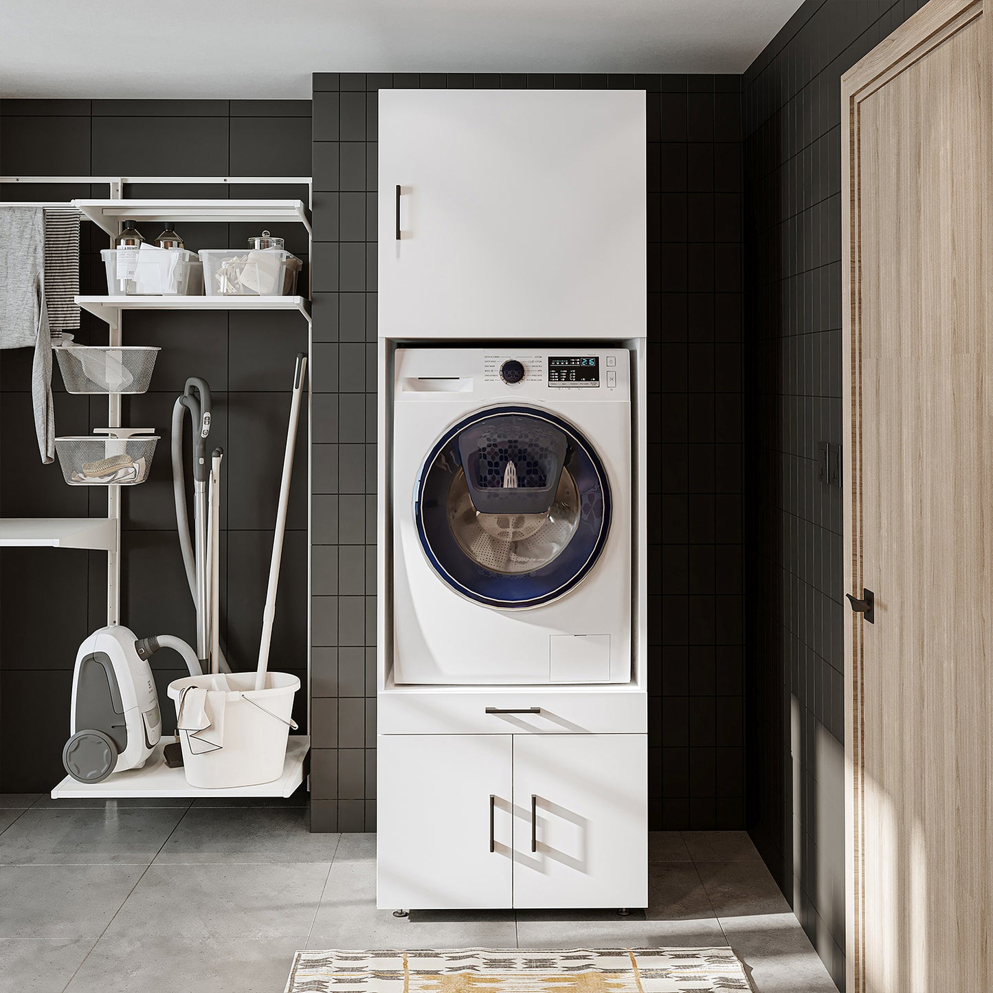 Roomart A3+B1 Waschmaschinenschrank 205 cm – Überbau, Ausziehbrett, Schublade | 3 Farben