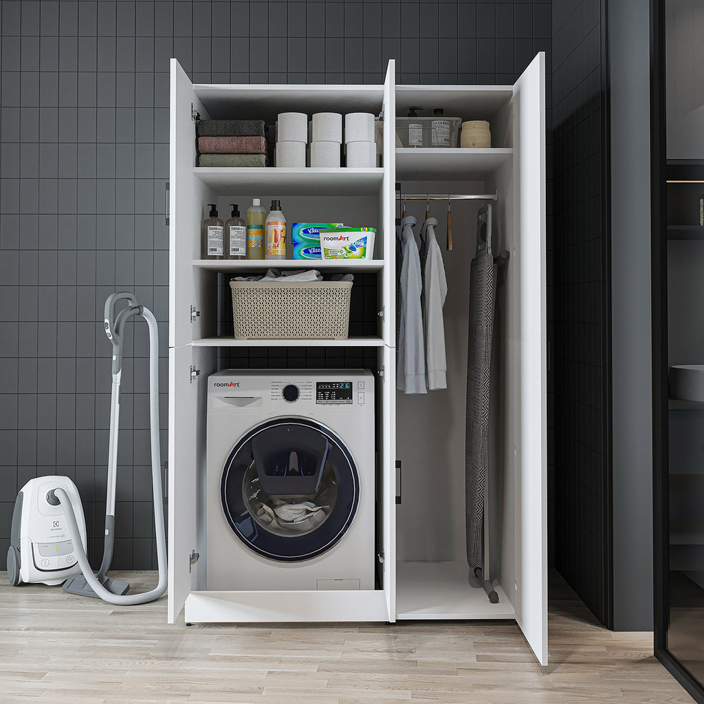 Roomart Waschmaschinenschrank „DORA 115 cm Breit“ für Waschmaschine & Trockner mit Regalböden, in 5 Farben • Weiß • Weiß Eiche • Anthrazit Eiche • Eiche • Schwarz Eiche