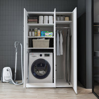 Roomart Waschmaschinenschrank „DORA 115 cm Breit“ für Waschmaschine & Trockner mit Regalböden, in 5 Farben • Weiß • Weiß Eiche • Anthrazit Eiche • Eiche • Schwarz Eiche