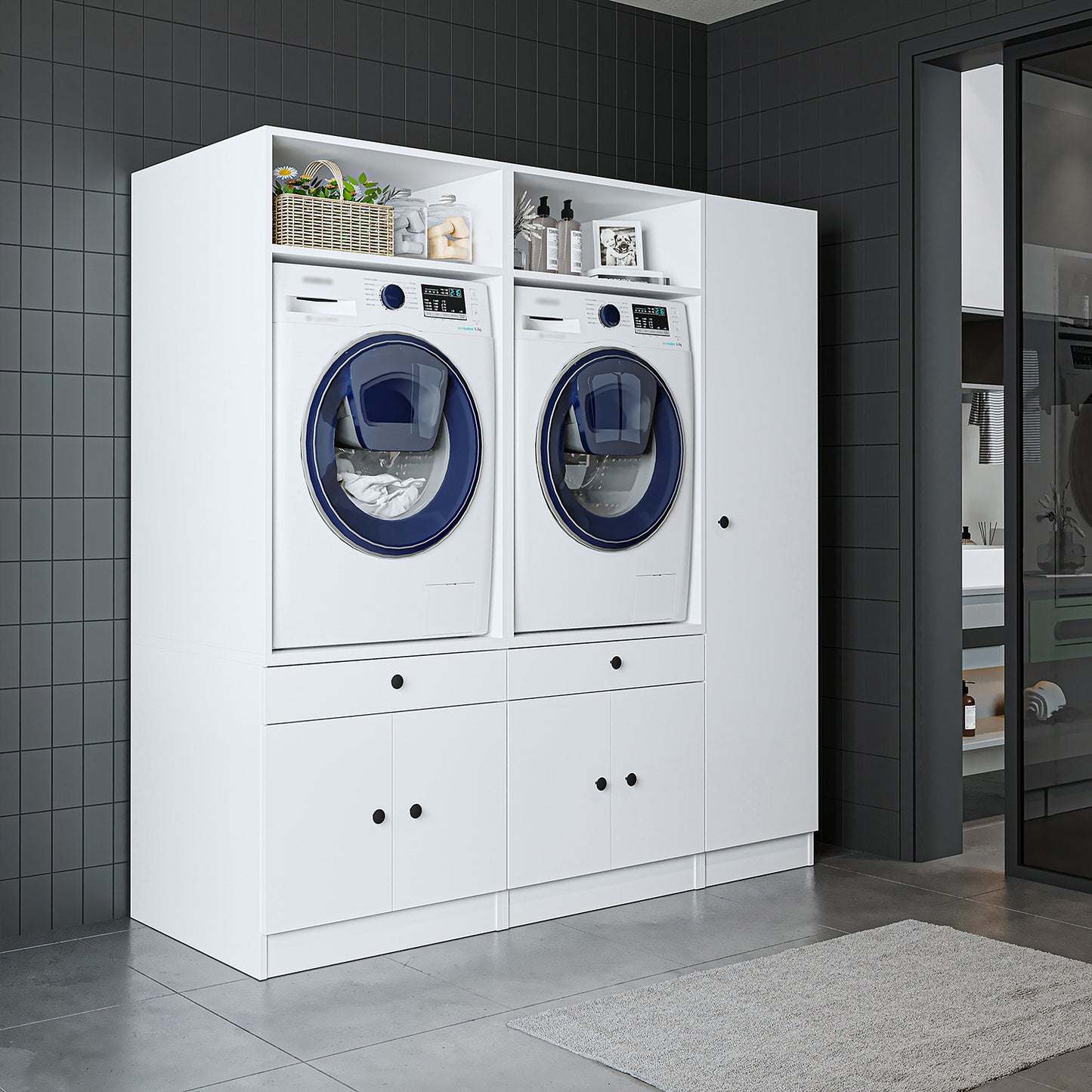 Roomart Waschmaschinenschrank Doppelschrank SERIE 3 – 179 cm breit, 2× Waschmaschine nebeneinander mit Ausziehbrett & Hochschrank – Waschküche & Hauswirtschaftsraum – Eiche / Schwarz-Eiche / Weiß