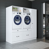 Roomart Waschmaschinenschrank Doppelschrank SERIE 3 – 179 cm breit, 2× Waschmaschine nebeneinander mit Ausziehbrett & Hochschrank – Waschküche & Hauswirtschaftsraum – Eiche / Schwarz-Eiche / Weiß