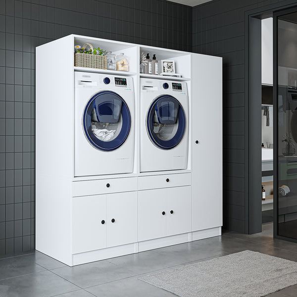 Roomart Waschmaschinenschrank Doppelschrank SERIE 3 – 179 cm breit, 2× Waschmaschine nebeneinander mit Ausziehbrett & Hochschrank – Waschküche & Hauswirtschaftsraum – Eiche / Schwarz-Eiche / Weiß