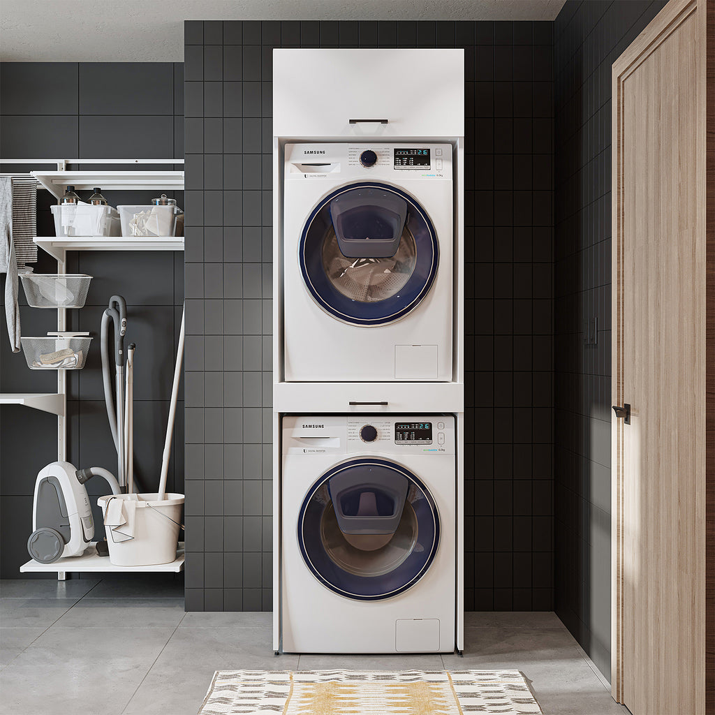 Roomart Waschmaschinenschrank für Trockner & Waschmaschine, in 3 Farben, mit Ausziehbrett • Weiß • Eiche • Schwarz Eiche - waschmaschinenuntergestelle, dämpfer waschmaschine, waschmaschinen aufsatz für trockner, unterschrank waschmaschine, kühlschrank erh