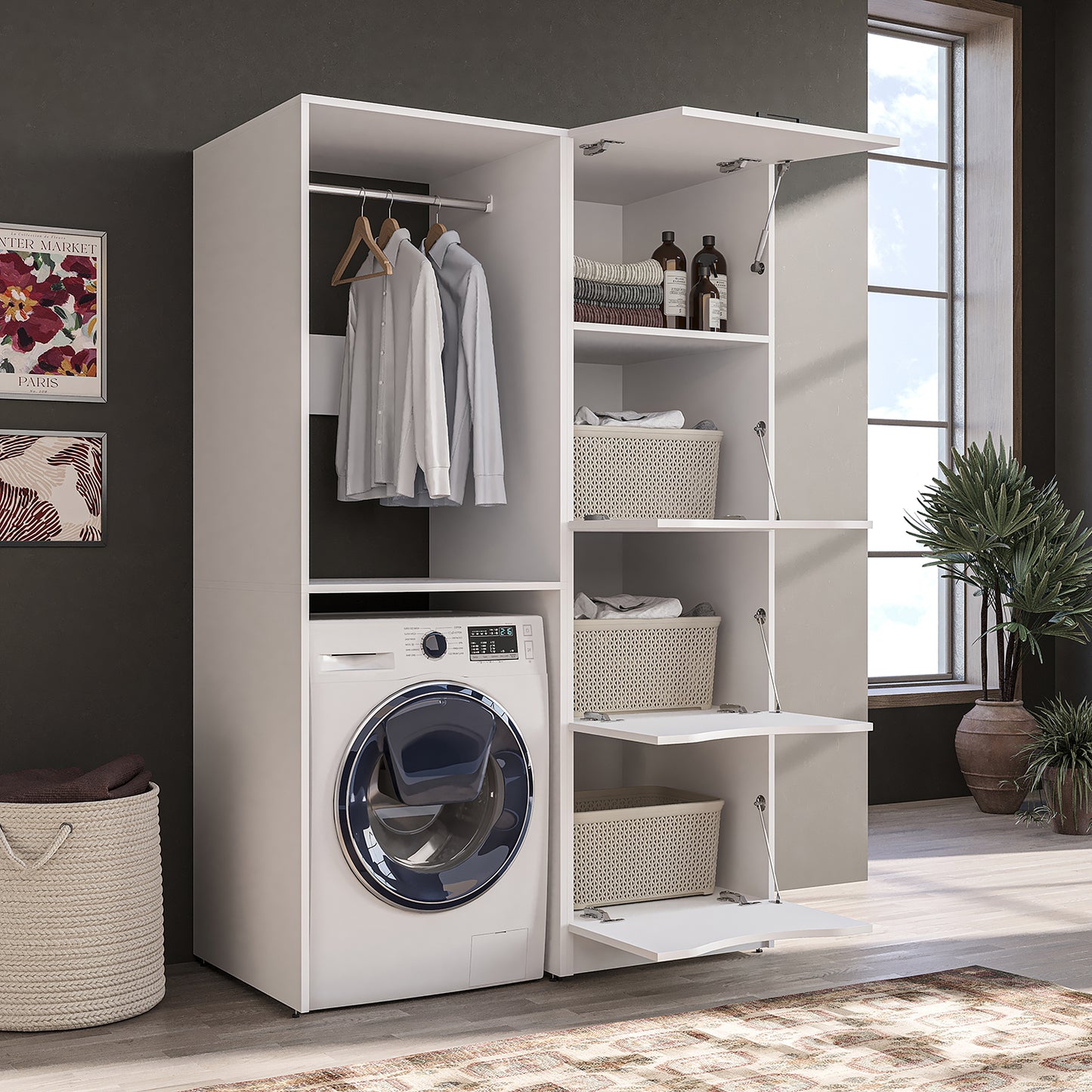 Roomart SERIE 2 Waschmaschinenschrank 126 cm – Kleiderstange & Stauraum | in 2 Farben
