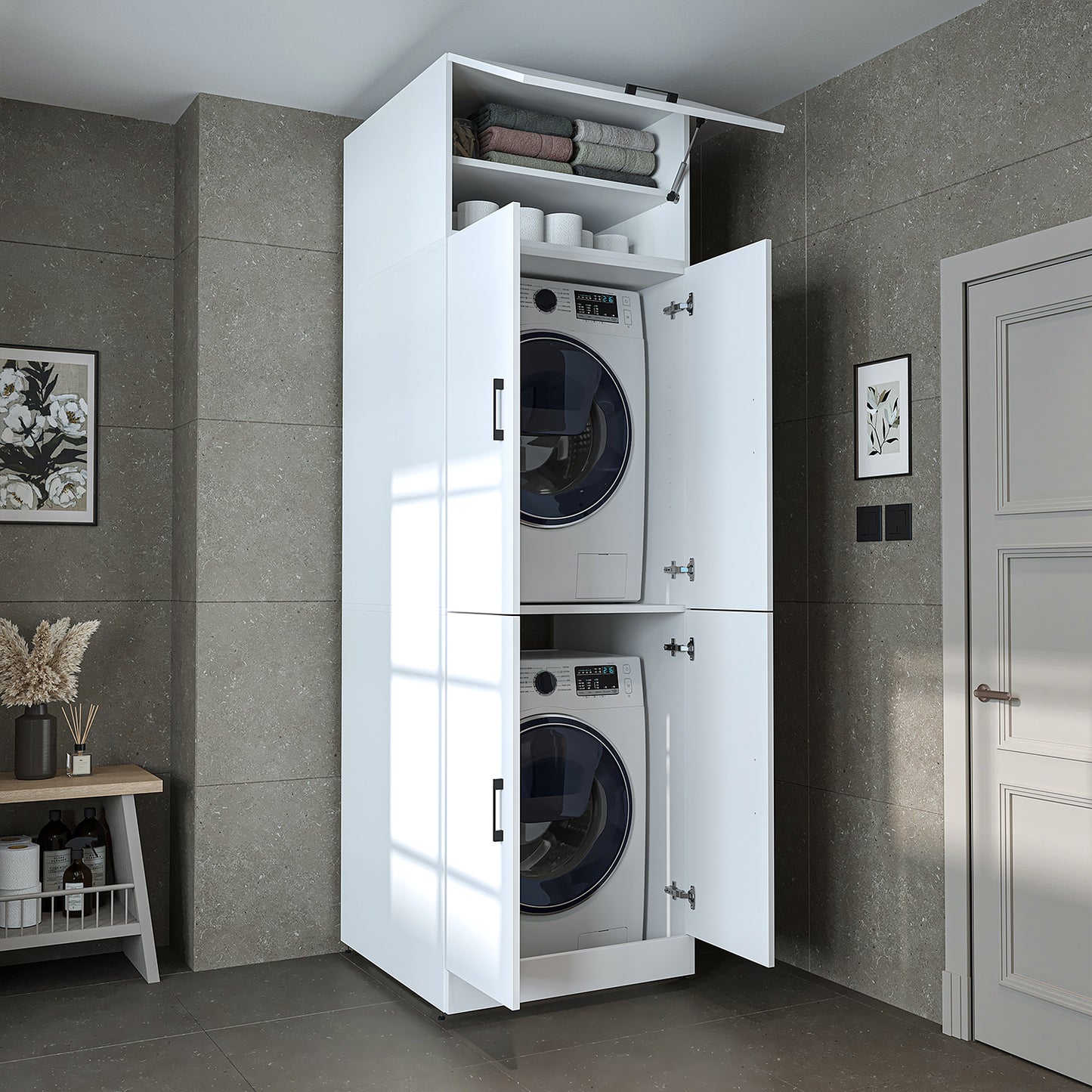 Roomart Waschmaschinenschrank „DORA“ für Waschmaschine & Trockner mit Regalböden, in 5 Farben • Weiß • Weiß Eiche • Anthrazit Eiche • Eiche • Schwarz-Eiche