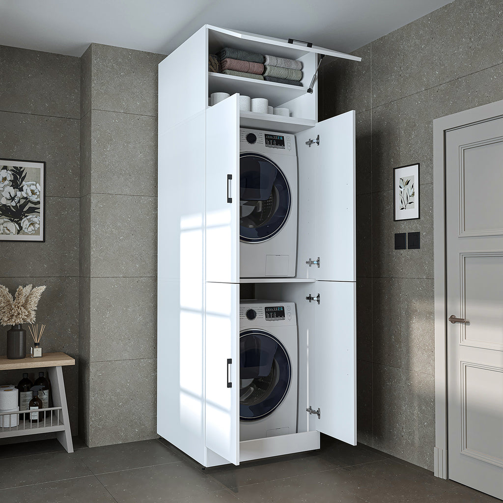 Roomart Waschmaschinenschrank „DORA“ für Waschmaschine & Trockner mit Regalböden, in 5 Farben • Weiß • Weiß Eiche • Anthrazit Eiche • Eiche • Schwarz-Eiche