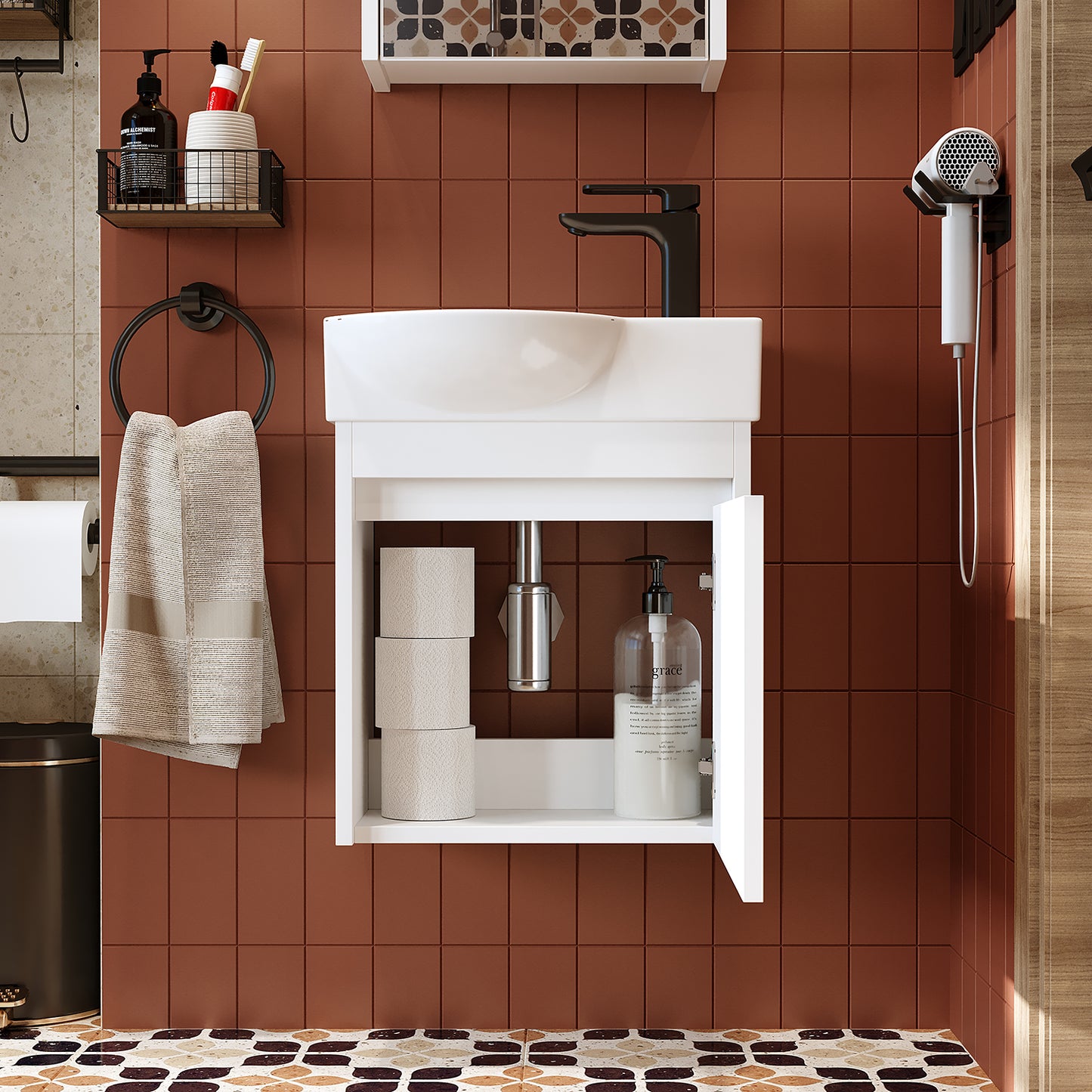 Roomart Waschtischunterschrank LEO mit Keramik-Waschbecken – Gäste-WC Badmöbel – Wasserhahn rechts