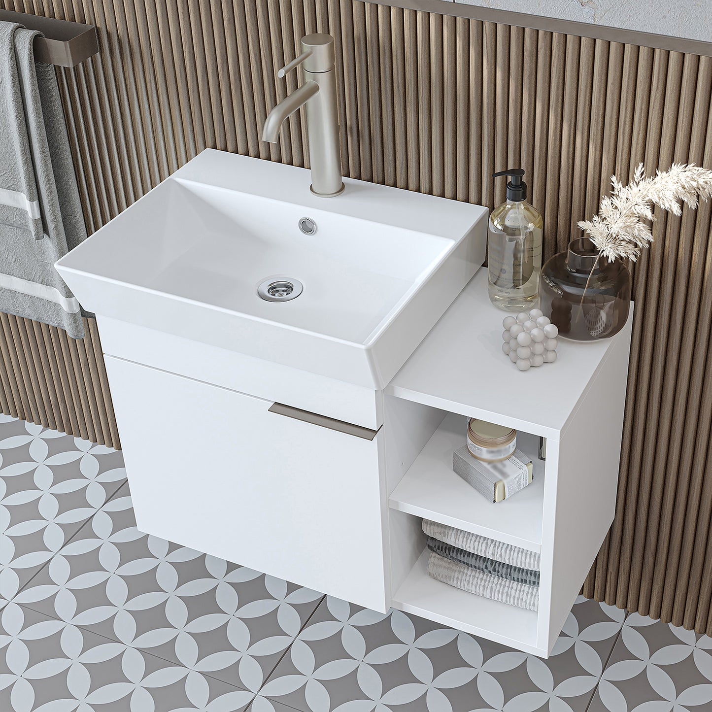 Roomart Badmöbel Set LYCIA 72 cm – 4-teiliges Badezimmermöbel-Set mit Keramik-Waschbecken, Spiegelschrank & Seitenschrank – Badmöbel in 4 Farben