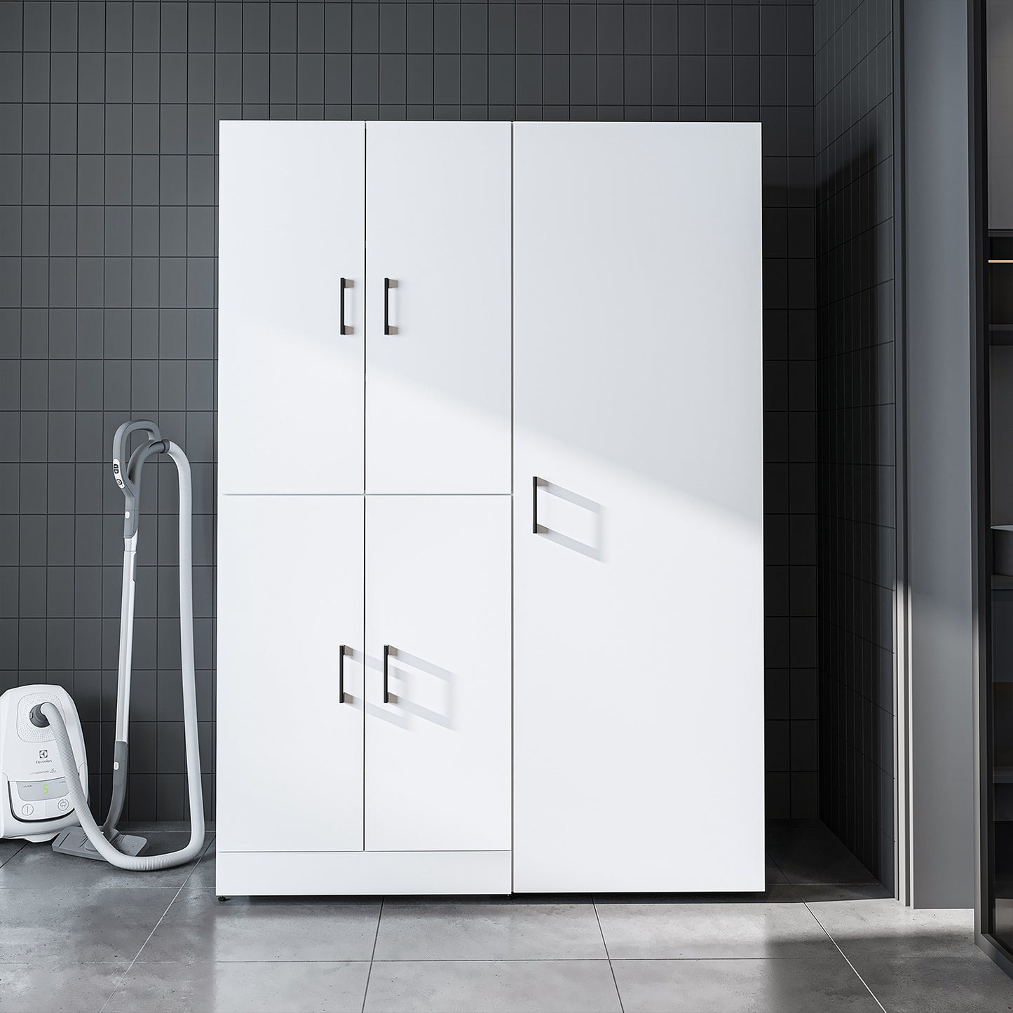 Roomart Waschmaschinenschrank „DORA 130 cm Breit“ für Waschmaschine & Trockner mit Regalböden, in 5 Farben • Weiß • Weiß Eiche • Anthrazit Eiche • Eiche • Schwarz Eiche (Kopie)