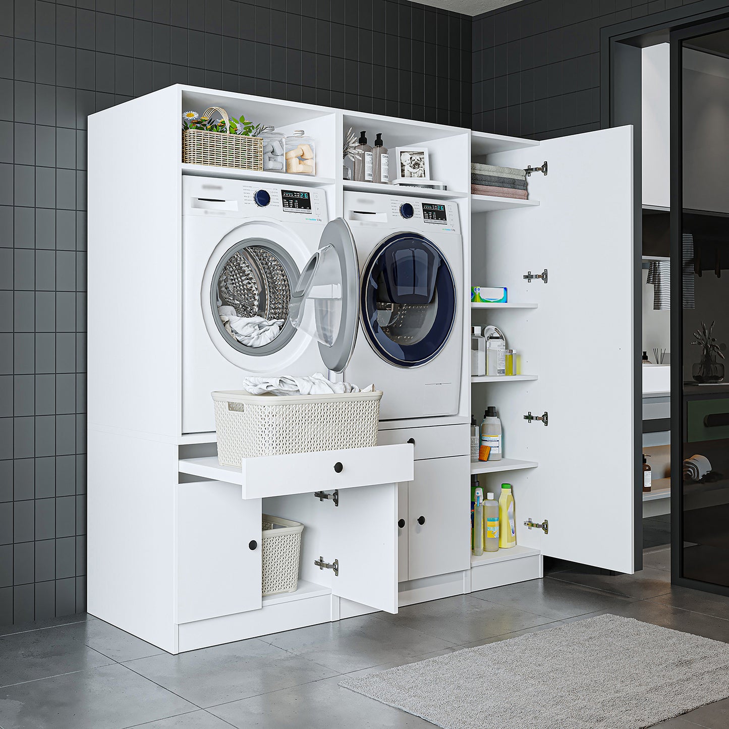 Roomart Waschmaschinenschrank Doppelschrank SERIE 3 – 179 cm breit, 2× Waschmaschine nebeneinander mit Ausziehbrett & Hochschrank – Waschküche & Hauswirtschaftsraum – Eiche / Schwarz-Eiche / Weiß