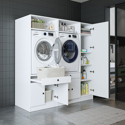 Roomart Waschmaschinenschrank Doppelschrank SERIE 3 – 179 cm breit, 2× Waschmaschine nebeneinander mit Ausziehbrett & Hochschrank – Waschküche & Hauswirtschaftsraum – Eiche / Schwarz-Eiche / Weiß