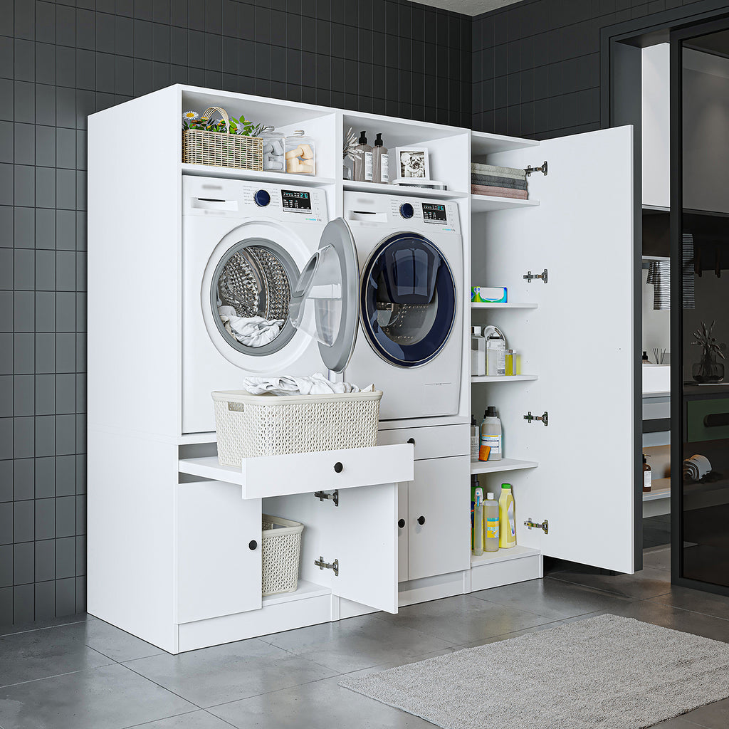 Roomart Waschmaschinenschrank Doppelschrank SERIE 3 – 179 cm breit, 2× Waschmaschine nebeneinander mit Ausziehbrett & Hochschrank – Waschküche & Hauswirtschaftsraum – Eiche / Schwarz-Eiche / Weiß