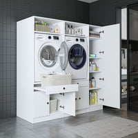 Roomart Waschmaschinenschrank Doppelschrank SERIE 3 – 179 cm breit, 2× Waschmaschine nebeneinander mit Ausziehbrett & Hochschrank – Waschküche & Hauswirtschaftsraum – Eiche / Schwarz-Eiche / Weiß
