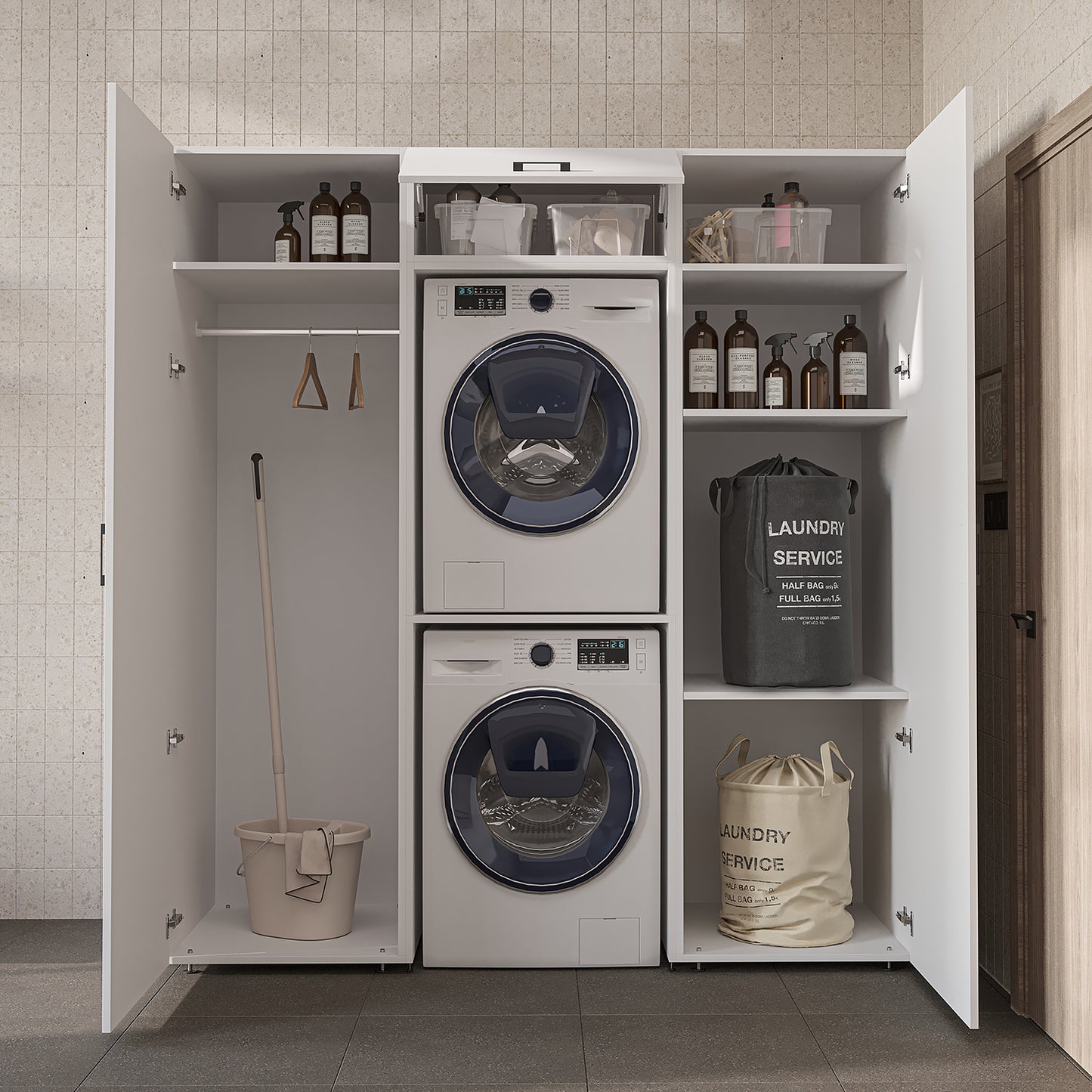 Roomart DUO-I Schrankwand 187 cm – Waschmaschine & Trockner übereinander & Hochschrank | in 3 Farben