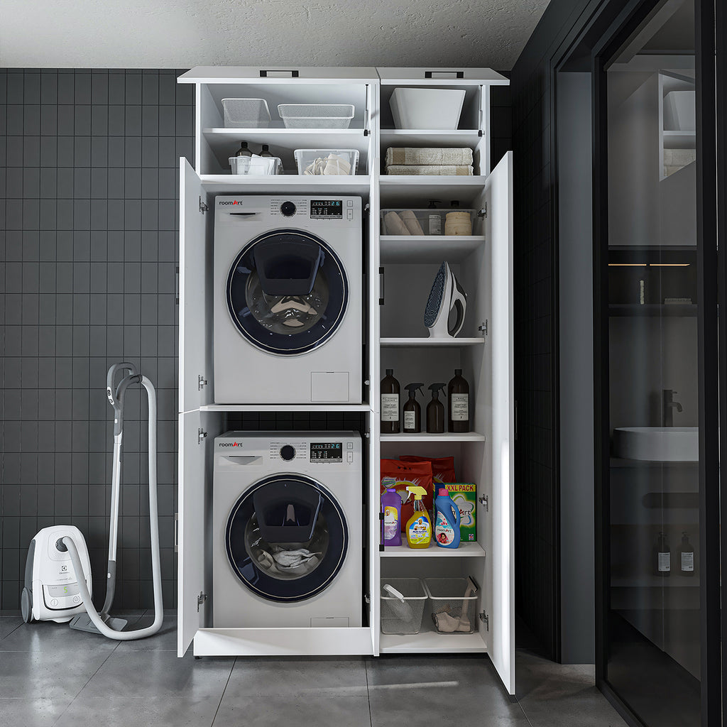 Roomart Waschmaschinenschrank „DORA 115 cm Breit“ für Waschmaschine & Trockner mit Regalböden, in 5 Farben • Weiß • Weiß Eiche • Anthrazit Eiche • Eiche • Schwarz Eiche