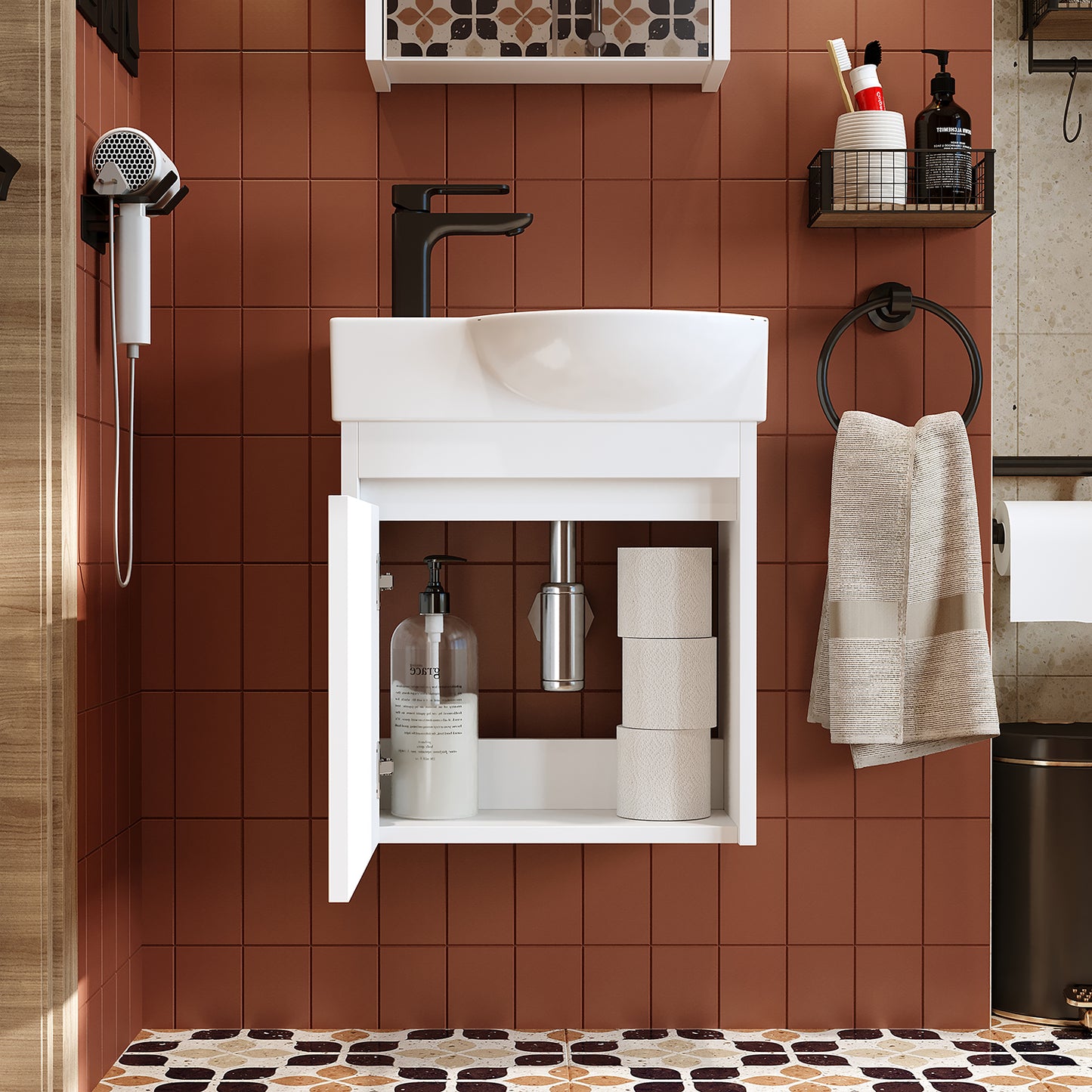 Roomart Waschtischunterschrank LEO mit Keramik-Waschbecken – Gäste-WC Badmöbel – Wasserhahn links