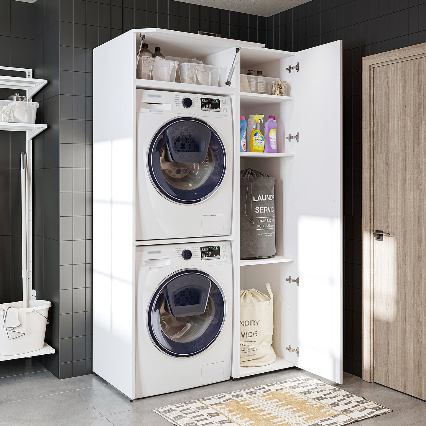 Roomart DUO-I Waschmaschinenschrank 112 cm – für Waschmaschine & Trockner + Hochschrank | in 2 Farben