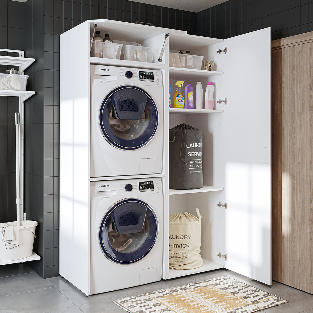 Roomart DUO Waschmaschinenschrank Trockner auf Waschmaschine • 127 cm breit • Weiß, Eiche Waschmaschinenschrank - waschmaschinenschrank, waschmaschinenregal, waschturm, schrank, weiß, waschmaschinen, unterschrank, waschmaschine, trockner, haushaltsschrank