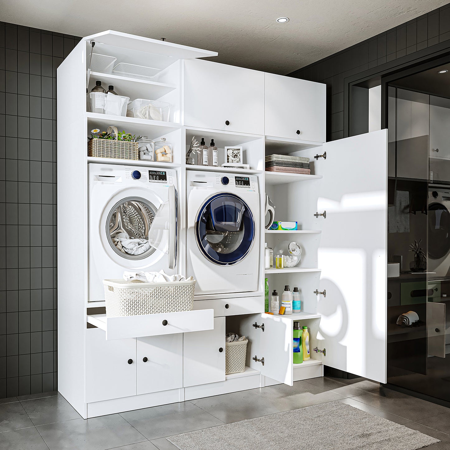 Roomart Schrankwand für Waschküche & Hauswirtschaftsraum - SERIE 1 - 114 cm breit, mit Ausziehbrett & Stauraum, Waschmaschinen-Schrankkombination, in 3 Farben (Weiß, Schwarz-Eiche)