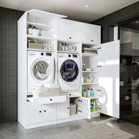 Roomart Schrankwand für Waschküche & Hauswirtschaftsraum - SERIE 1 - 114 cm breit, mit Ausziehbrett & Stauraum, Waschmaschinen-Schrankkombination, in 3 Farben (Weiß, Schwarz-Eiche)