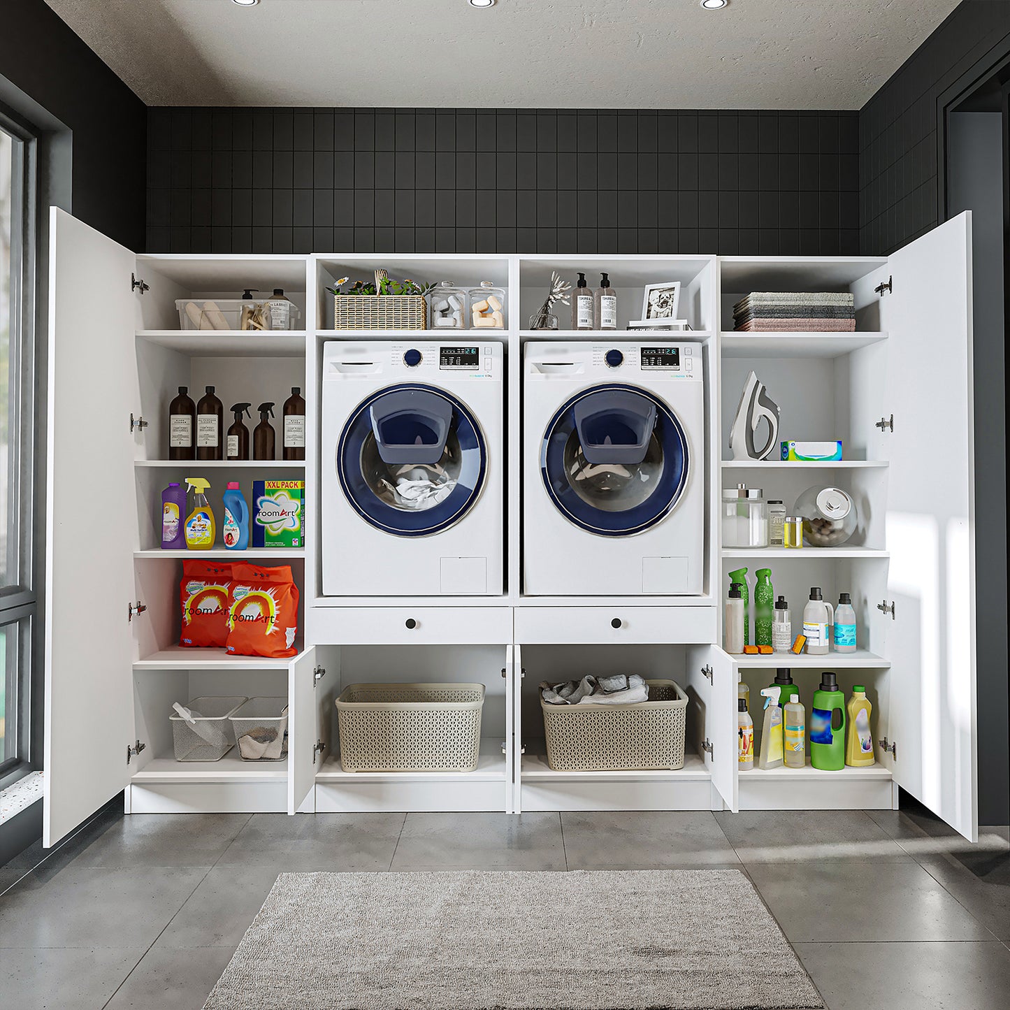 Roomart Waschmaschinenschrank SERIE 3 – 194 cm breit, 2× Waschmaschine nebeneinander mit Ausziehbrett & Hochschrank – Waschküche & Hauswirtschaftsraum – Eiche / Schwarz-Eiche / Weiß