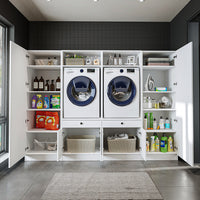 Roomart Waschmaschinenschrank SERIE 3 – 194 cm breit, 2× Waschmaschine nebeneinander mit Ausziehbrett & Hochschrank – Waschküche & Hauswirtschaftsraum – Eiche / Schwarz-Eiche / Weiß