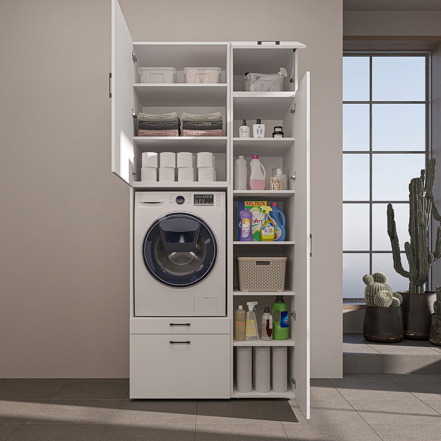 Roomart Waschmaschinenschrank mit Ausziehbrett, 112 cm breit - SERIE 2  – Waschmaschinenüberbau für Waschmaschine & Trockner, Waschturm-Schrank mit Stauraum für Bad & Waschküche